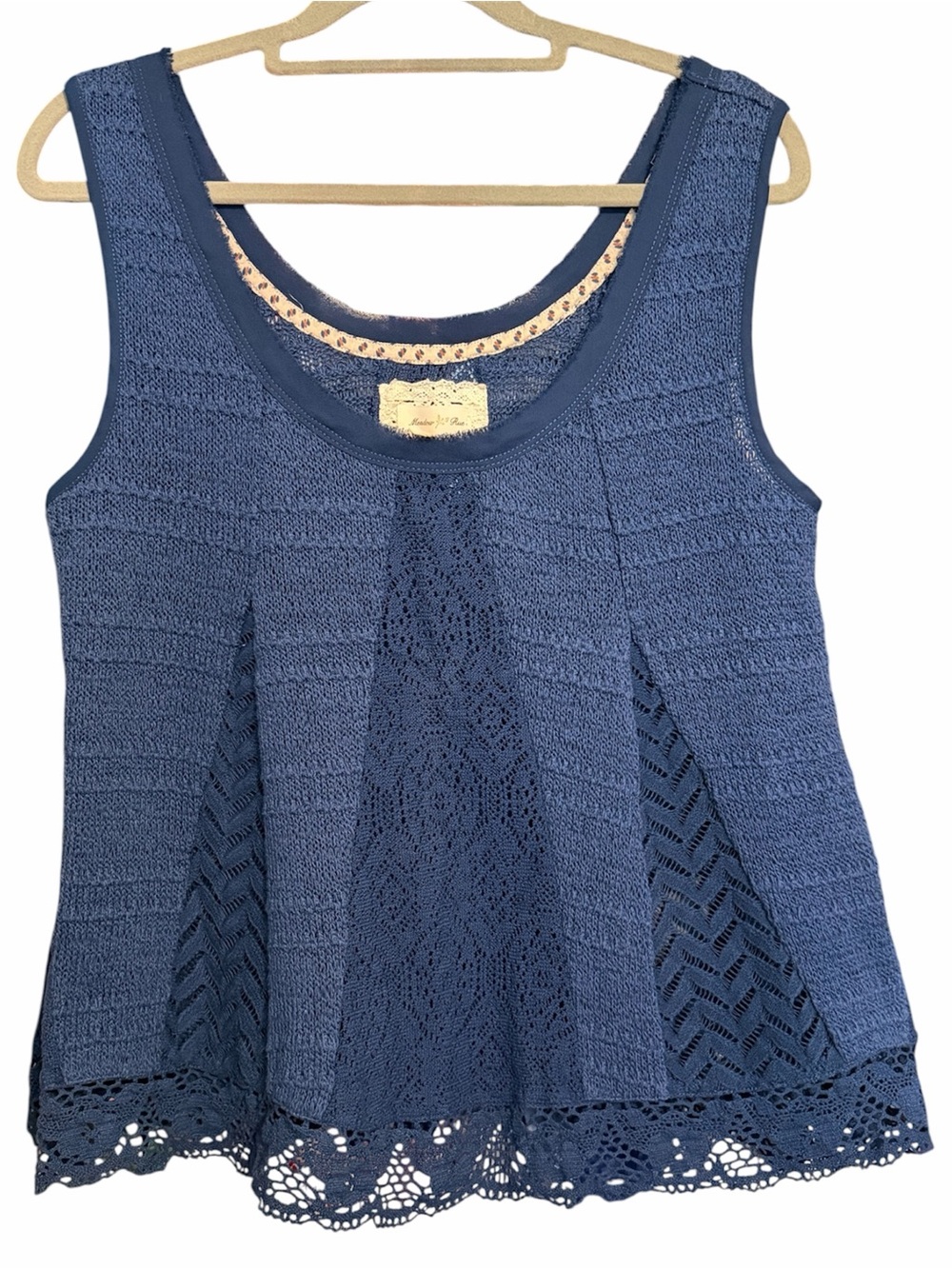 Anthropologie Meadow Rue Carrigan Blue Crochet Lace Knit Swing Tank Top Size S